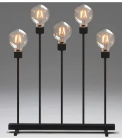 Chandelier Led 5 Ampoules Rondes Ambrees En Metal Noir, 54 Cm