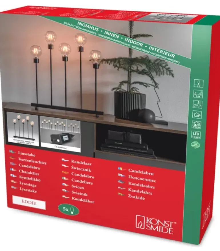 Chandelier Led 5 Ampoules Rondes Ambrees En Metal Noir, 54 Cm