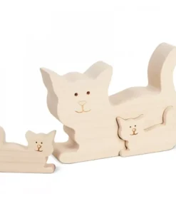 Chat En Bois Avec Deux Chatons, 8,5 Cm