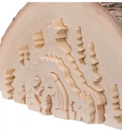 Crèche De Noël En Relief, Taillee Dans Un Rondin De Bois, 27 Cm