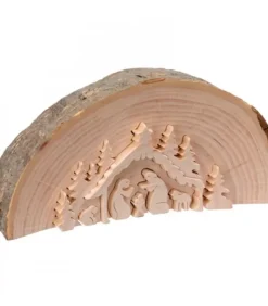 Crèche De Noël En Relief, Taillee Dans Un Rondin De Bois, 15 Cm