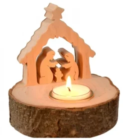 Crèche De Noël Sur Rondin De Bois Avec Bougeoir