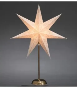 Etoile Lumineuse Electrique 7 Branches En Papier, Blanche, Sur Pied Laiton, 48 Cm