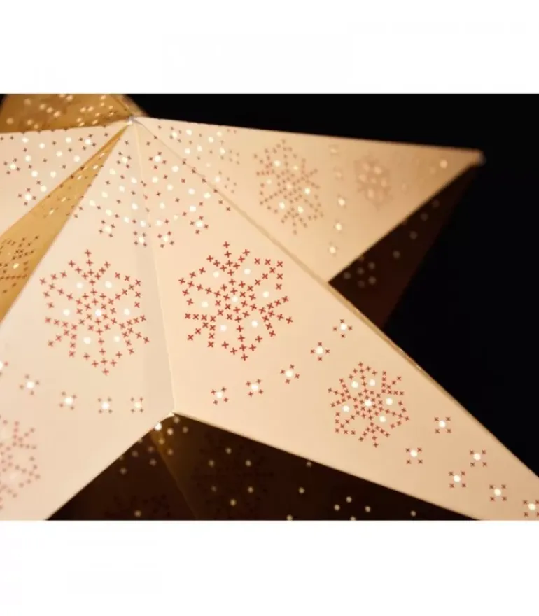 Etoile Lumineuse Electrique 5 Branches En Papier, Blanche, Sur Pied Blanc, 46 Cm