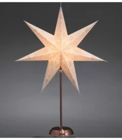 Etoile Lumineuse Electrique 7 Branches En Papier, Blanche, Sur Pied Cuivre 48 Cm