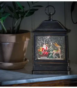 Lanterne À Neige A Led Avec Père Noël Dans Son Traineau, 25 Cm