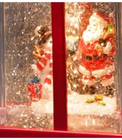 Lanterne À Neige "Cadeau De Noël" Avec Père Noël & Bonhomme De Neige
