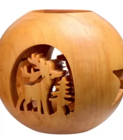 Photophore En Bois Forme Spherique, Motif Cerf En Foret