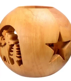 Photophore En Bois Forme Spherique, Motif Cerf En Foret