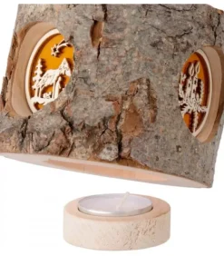 Photophore Rondin De Bois, Avec 3 Motifs Crèche, Père Noël Et Bougies