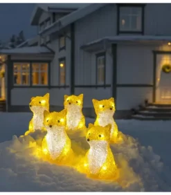 Renards Lumineux Acryliques Led Assis, Lot De 5, 12 Cm