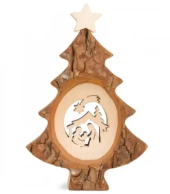 Sapin De Noël En Bois Avec Crèche Ciselee, 12 Cm