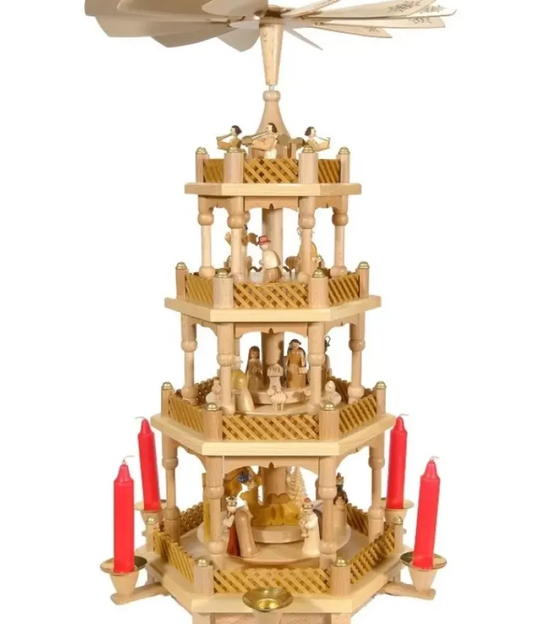 Superbe Weihnachtspyramid D'Allemagne A 3 Etages En Bois Naturel